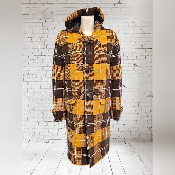 ZARA Men Wool Plaid Brown Tan Hooded Zip Toggle Long Coat L - Picture 1 of 10